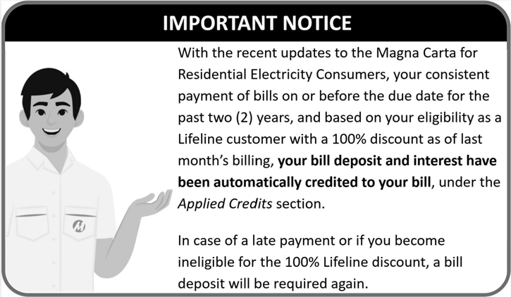 Bill notice: the deposit and interest were credited after two years of timely payment and eligibility for the 100% Lifeline Discount. Late payment or loss of eligibility requires a deposit again.