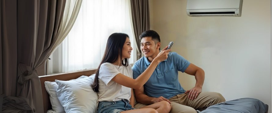 Two people use an air conditioner remote while sitting beside a curtained window.