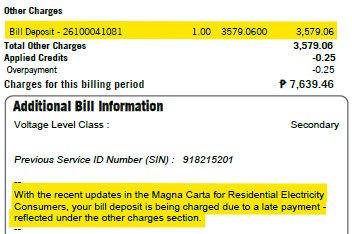 Sample bill showing a reimposed bill deposit under Other Charges and a message about late payment.