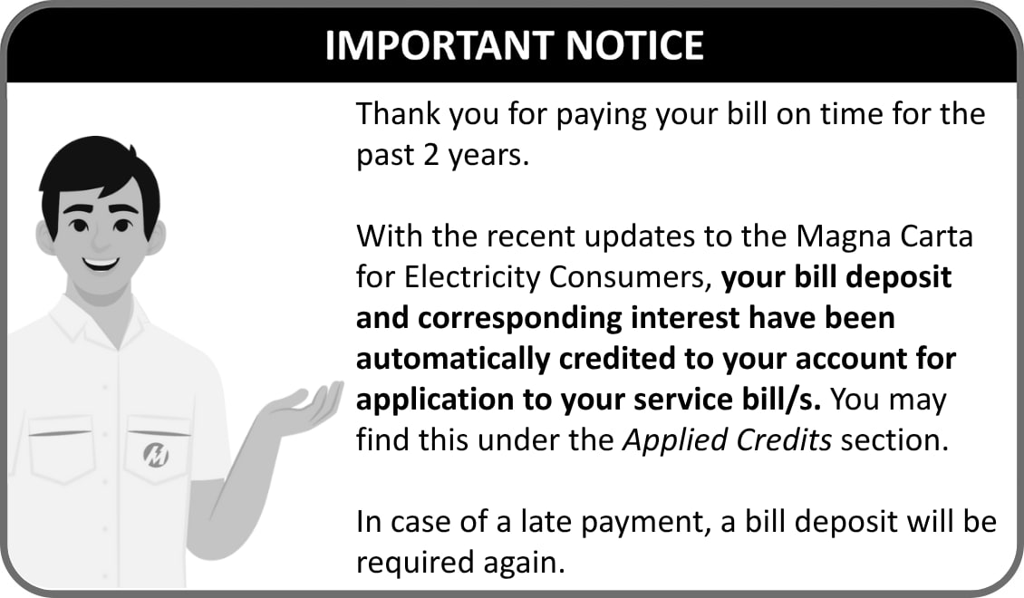 Bill notice: the deposit and interest were credited after two years of timely payment. A deposit is required again after late payment.
