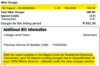 Sample bill showing a reimposed bill deposit under Other Charges and a message about loss of Lifeline Discount eligibility.