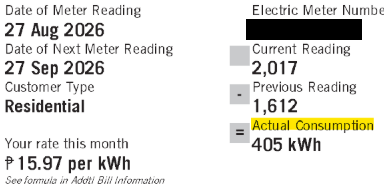 Sample bill with Actual Consumption highlighted in the front-page meter-reading section, showing 405 kWh.