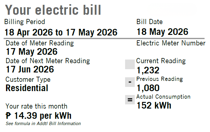 Sample bill showing the Date of Meter Reading, 17 May 2026, and the Date of Next Meter Reading, 17 June 2026, beside the current and previous readings