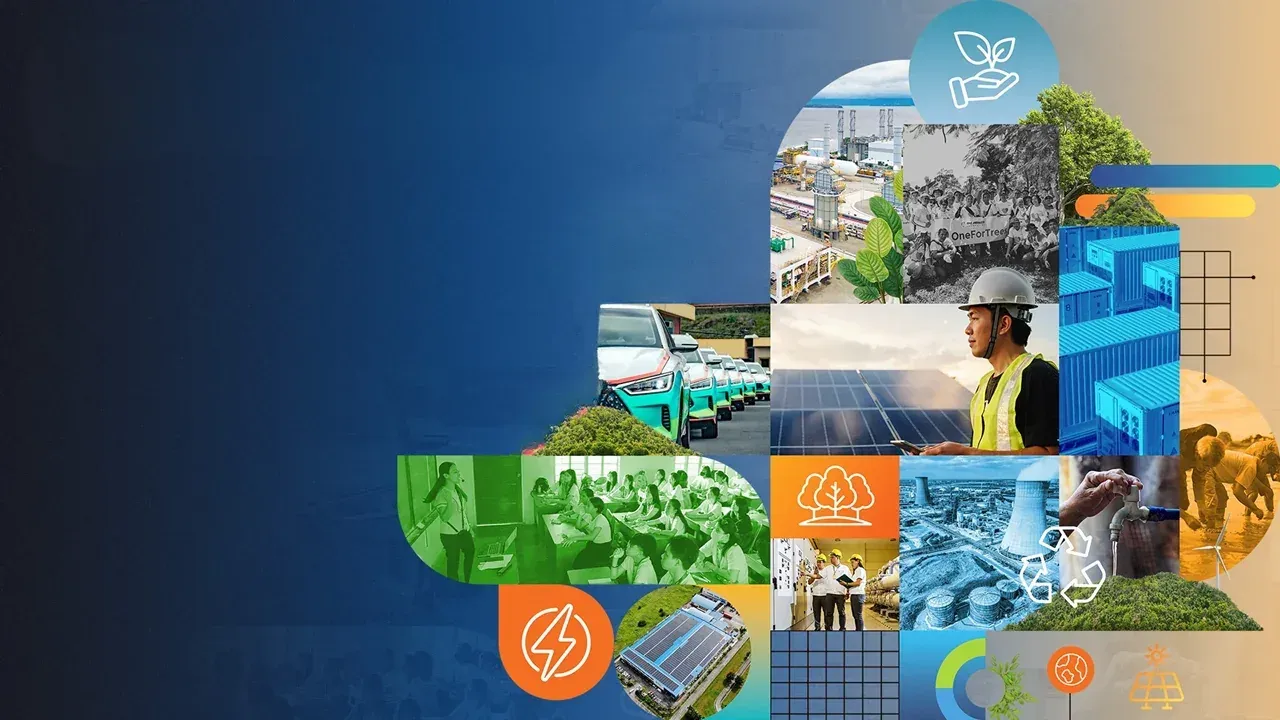 A collage of Meralco sustainability work, including electric vehicles, solar installations, tree planting, a classroom and power facilities.