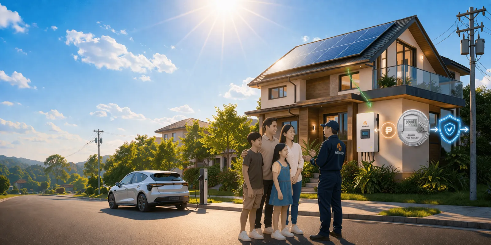 A solar-powered property illustrates how Net Metering connects renewable energy to the grid.
