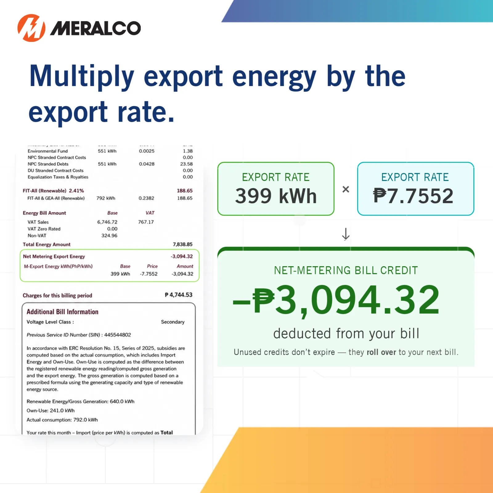 Sample calculation multiplying exported kilowatt-hours by the applicable export rate.
