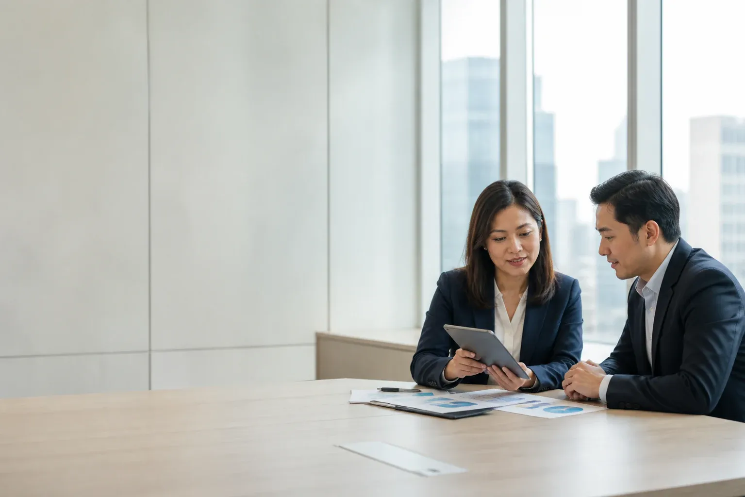 Two finance professionals review company performance materials during an investor briefing.