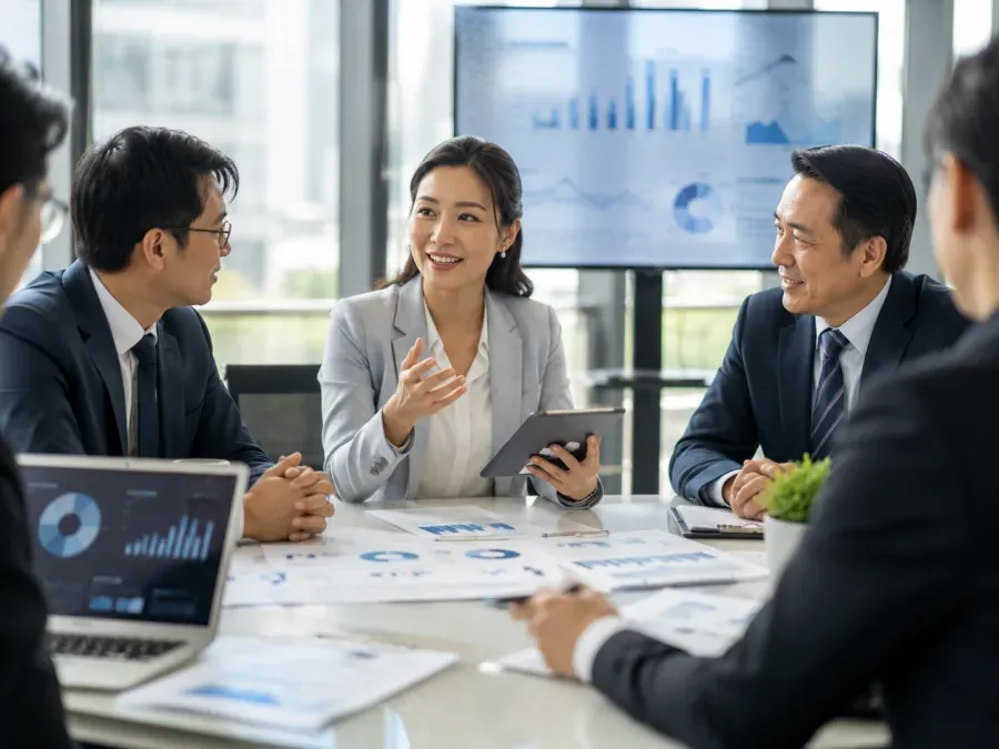 Two investment professionals review company performance charts together.
