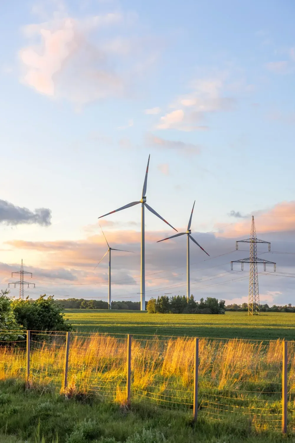 Wind turbines generate renewable energy across a green landscape.