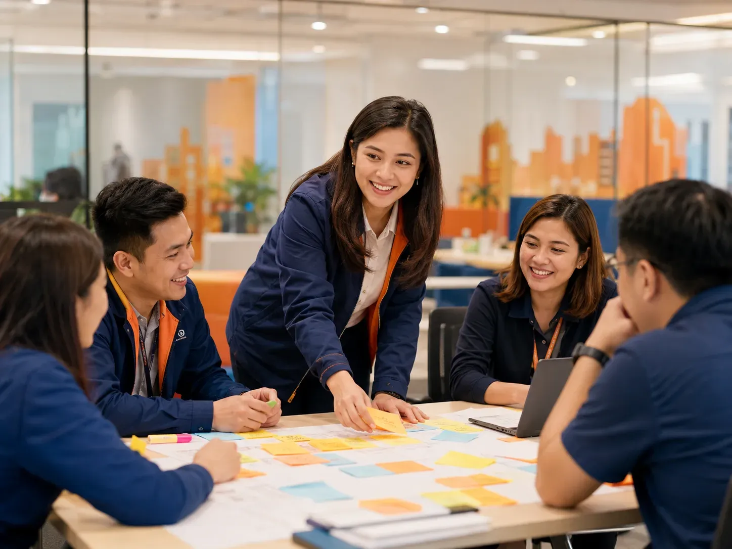 Meralco employees collaborate while reviewing work together.