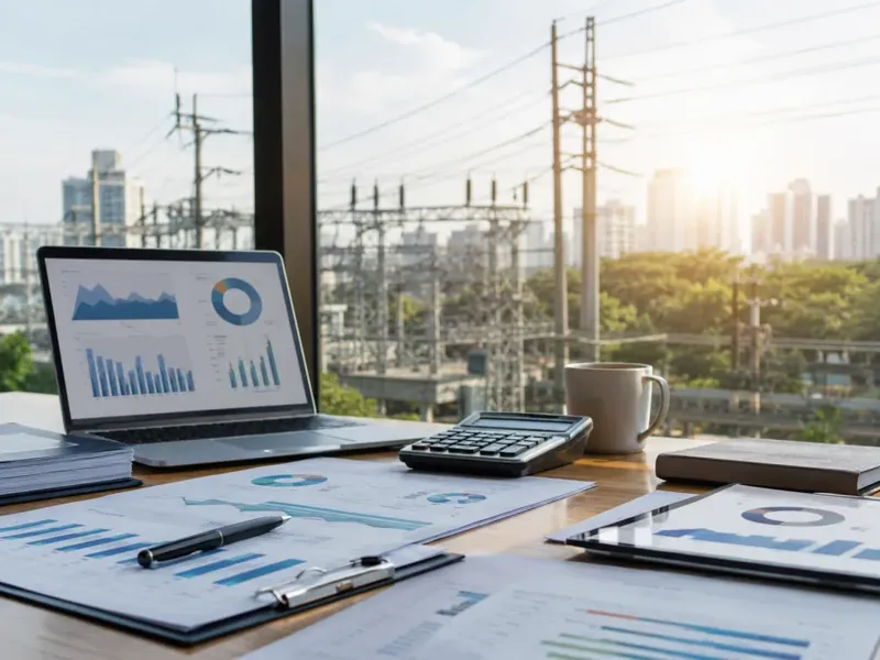 Financial reports on a desk overlooking electrical infrastructure.