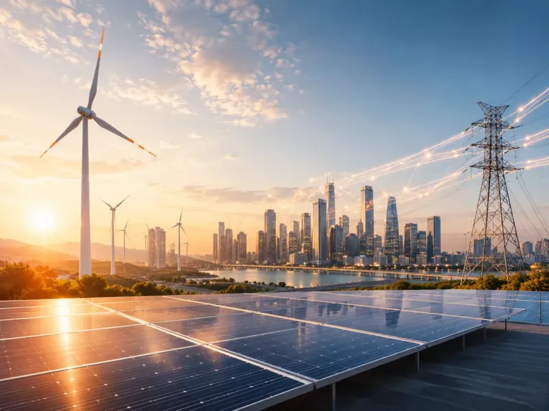 Power transmission lines near a growing city with renewable energy infrastructure.